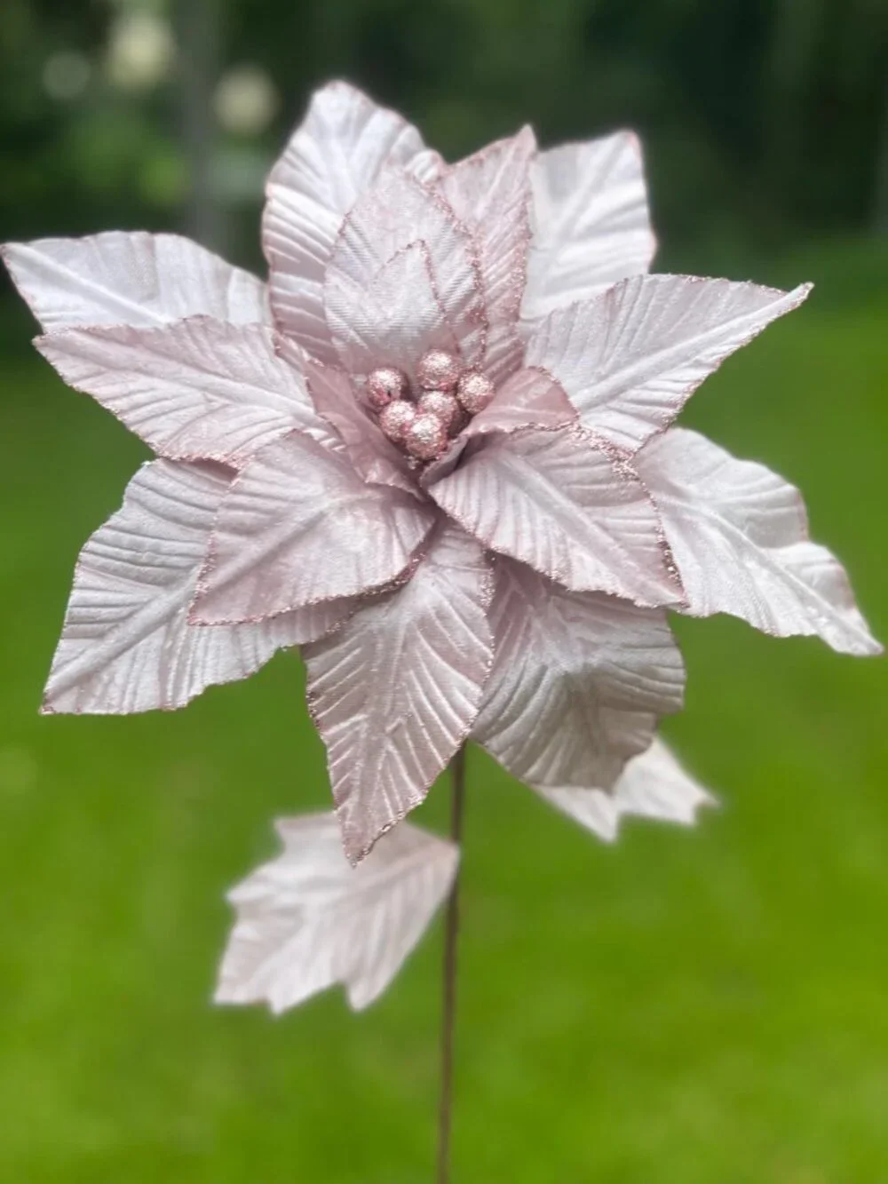 Blush Pink Velvet With Glitter Poinsettia Stem Christmas Holiday Tree Pick